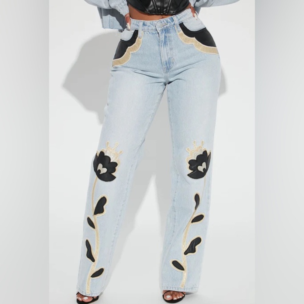 Fashion Nova Charley PU Patch Straight Leg Jeans Light Wash